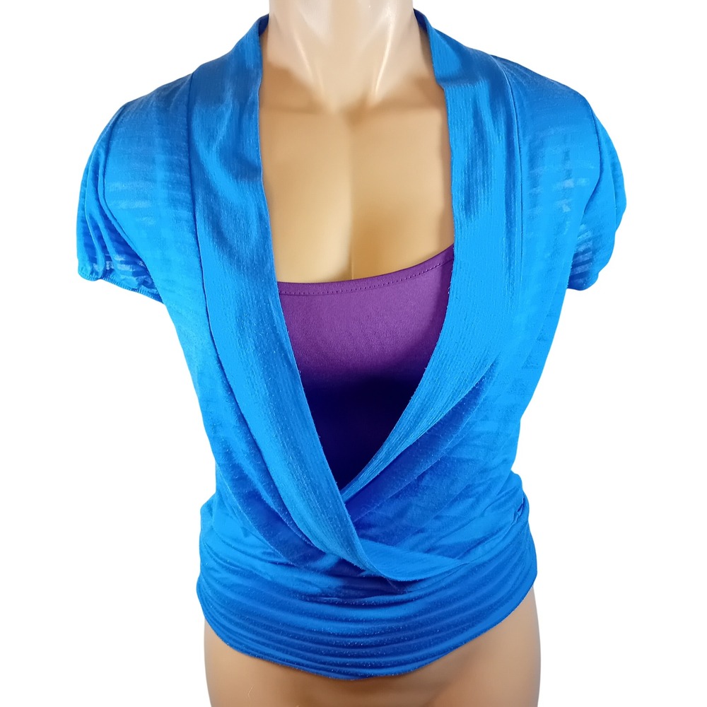 Vintage Y2K Guess Jeans Wrap Top Blue Deep‎ V Puff Sleeve Striped Preppy S READ